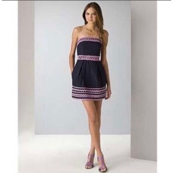 French Connection Wizard Strapless Dress rick rack trim navy blue purple size 6 - Picture 1 of 6